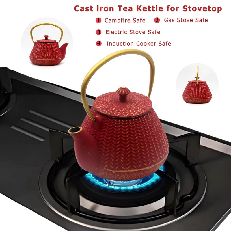 YJX Small Cast Iron Tea Kettle for Stovetop Safe, Red Tea Pot Coated with Enameled Interior, Durable Teapot with Stainless Steel Infuser for Loose Leaf (1000ml/34oz) - Image 4